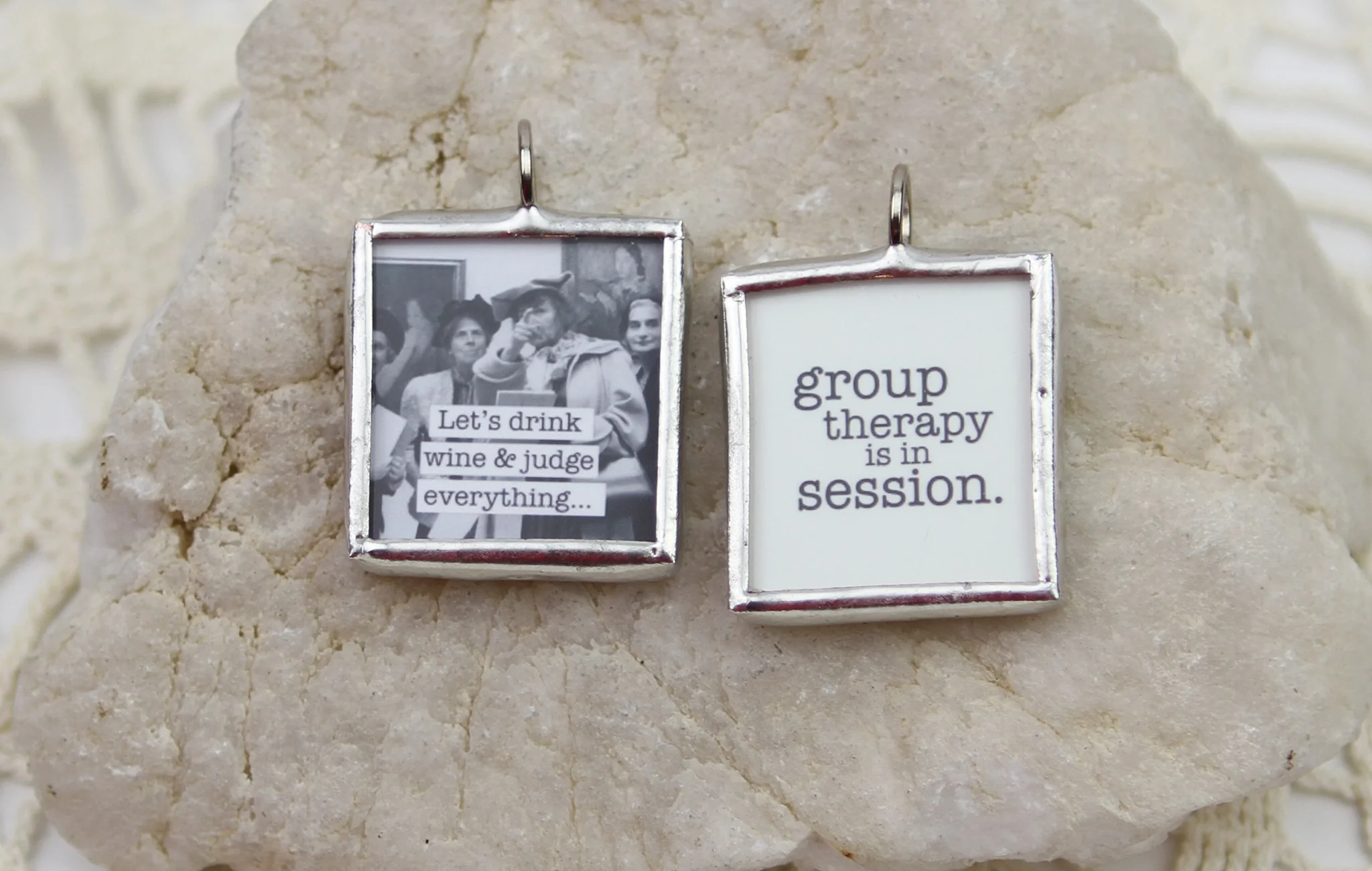 Let's Drink Wine and Judge Soldered Art Jewelry Charm or Necklace