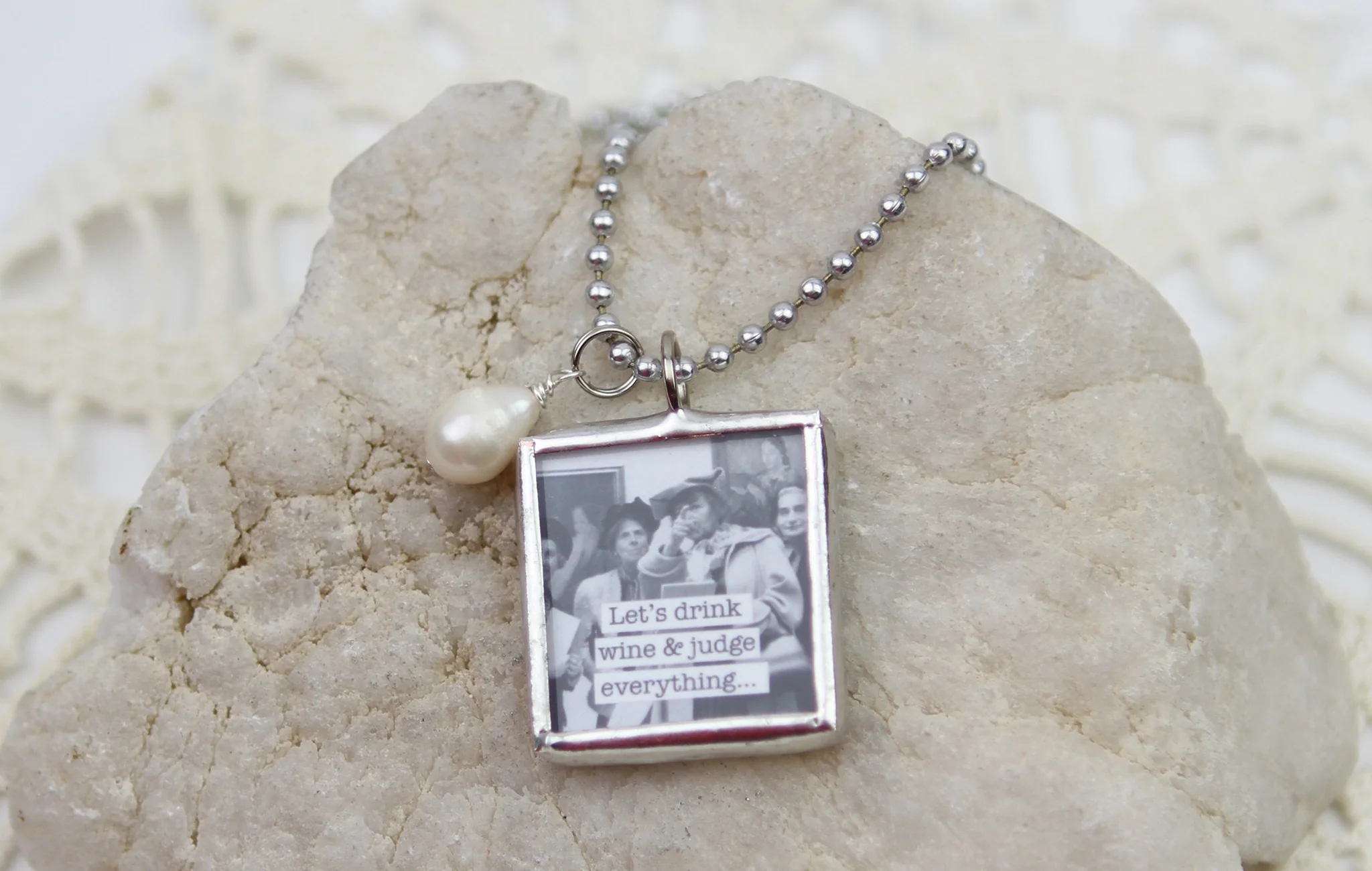 Let's Drink Wine and Judge Soldered Art Jewelry Charm or Necklace - Image 2