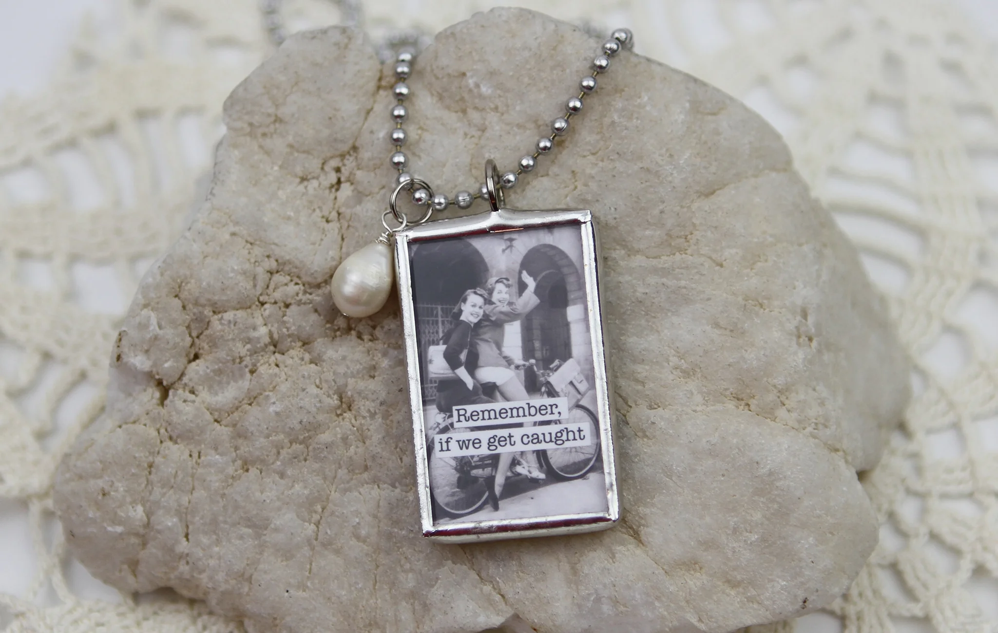 If We Get Caught Funny Friends Soldered Art Jewelry Charm or Necklace - Image 2