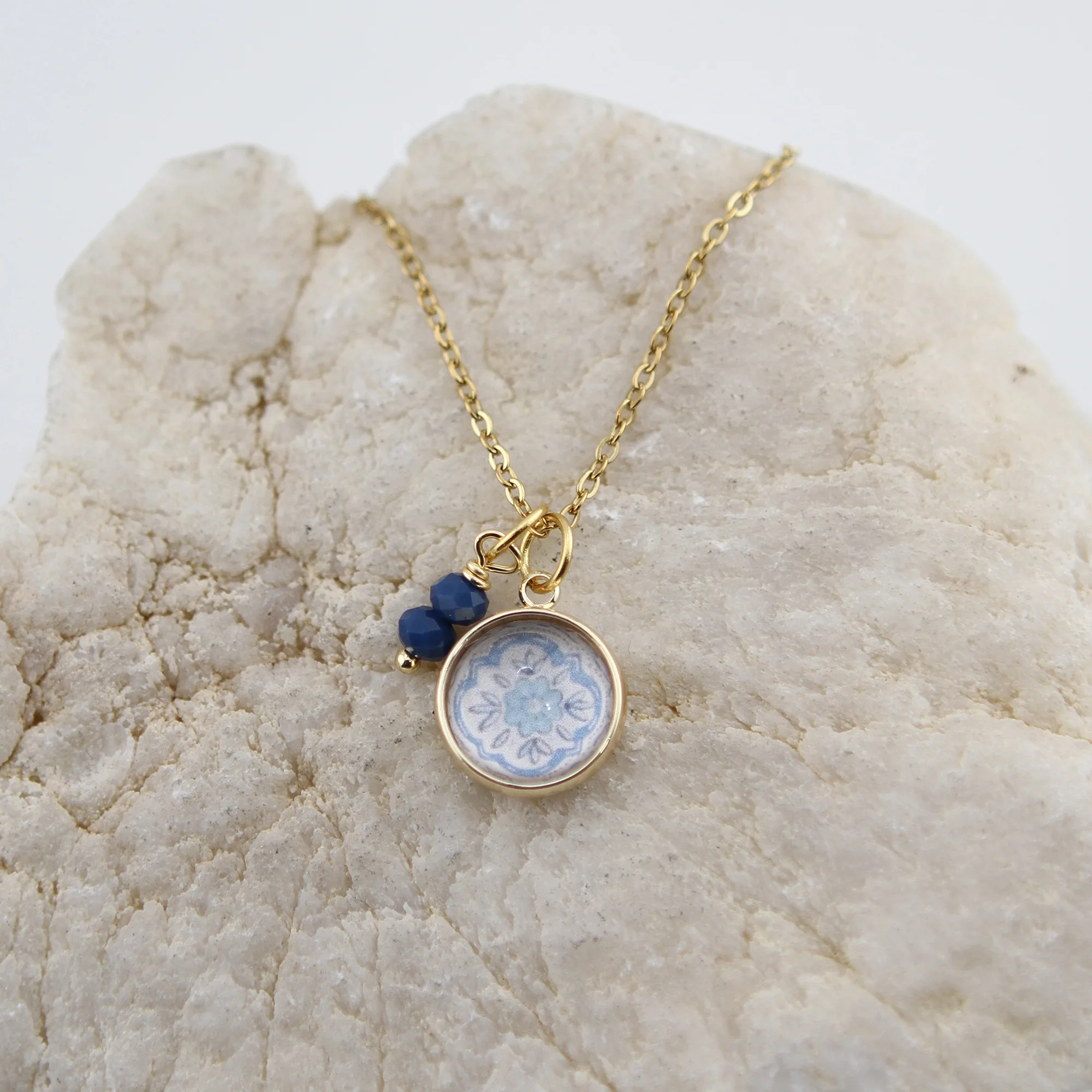 Vintage Wallpaper Aqua and Navy Floral Necklace