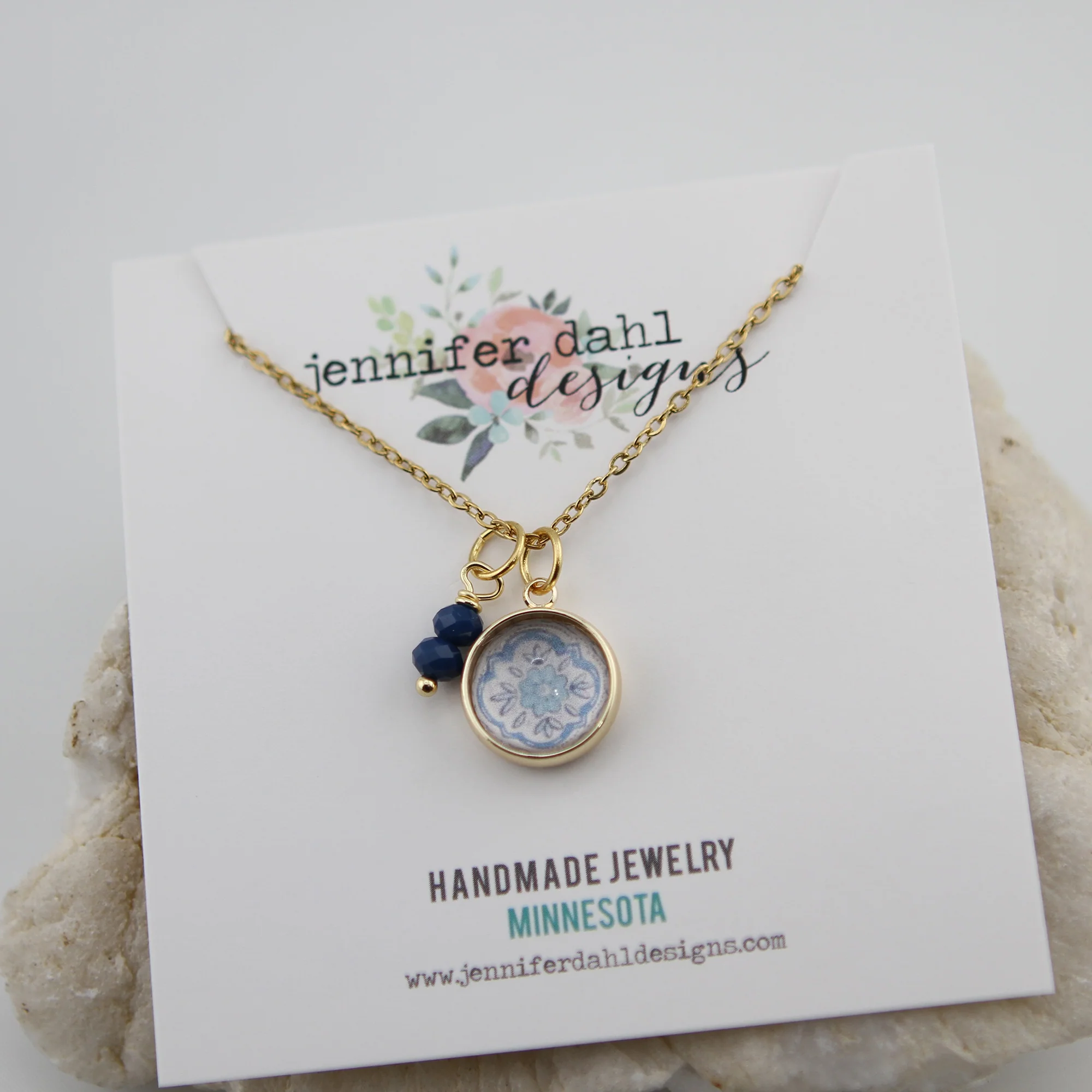 Vintage Wallpaper Aqua and Navy Floral Necklace - Image 2