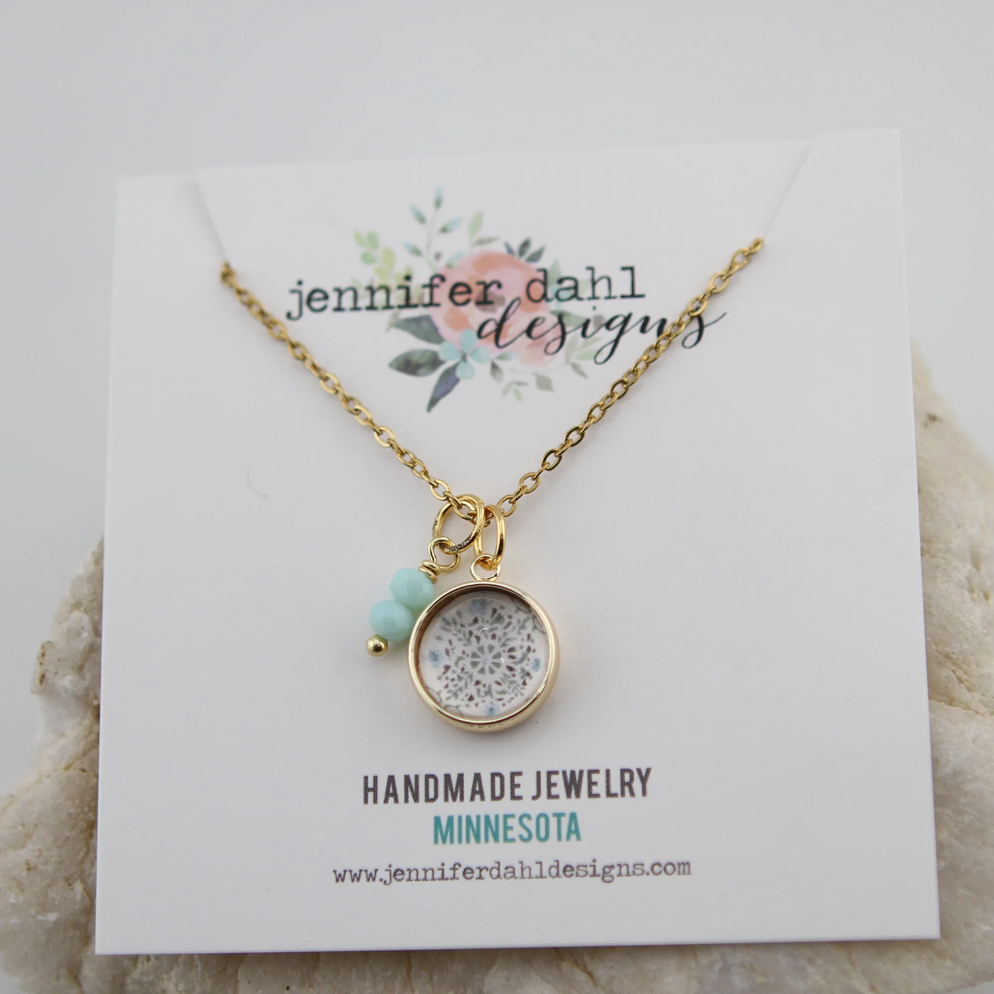 Vintage Wallpaper Aqua Medallion Necklace - Image 2