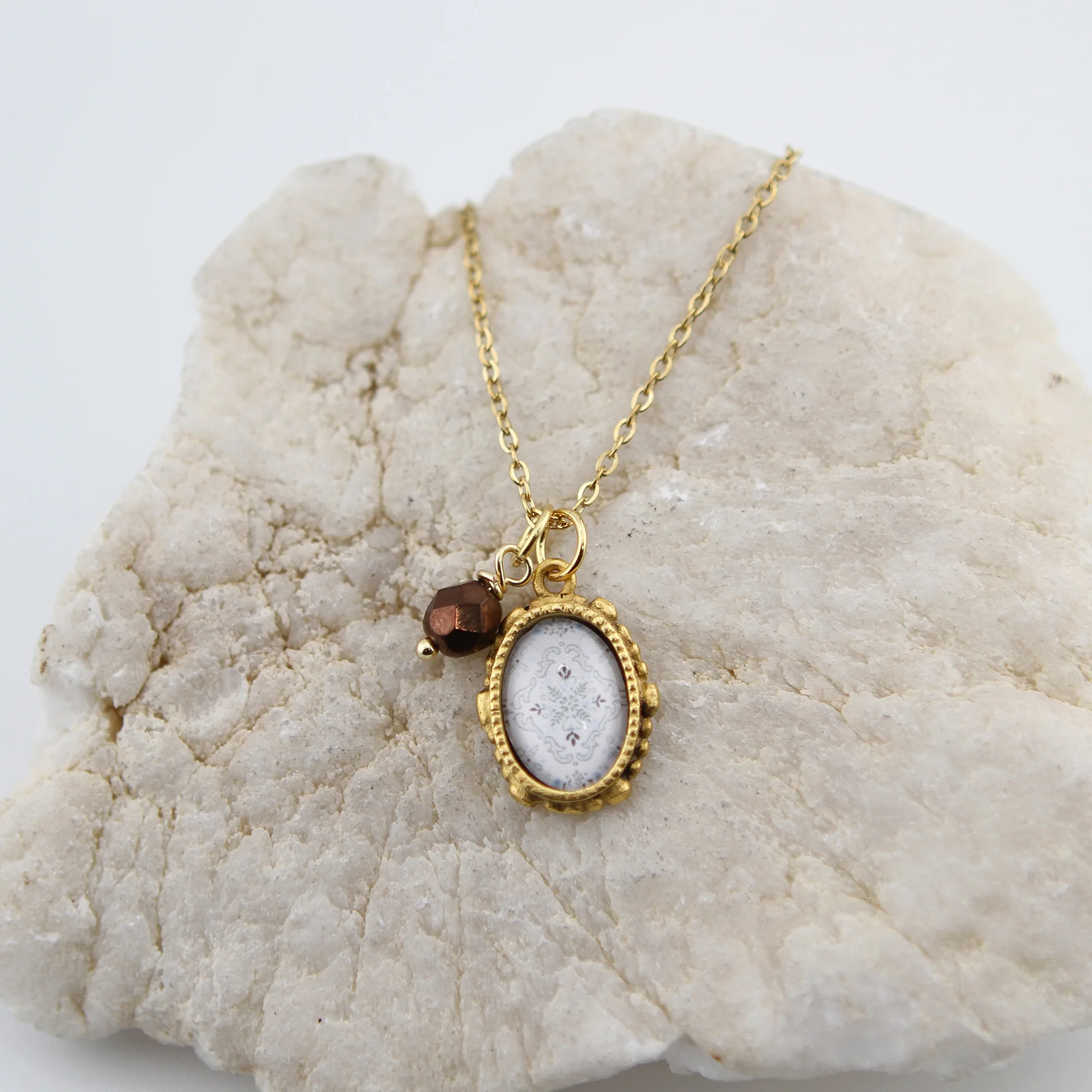 Vintage Wallpaper Brown and Blue Ornate Oval Gold Necklace