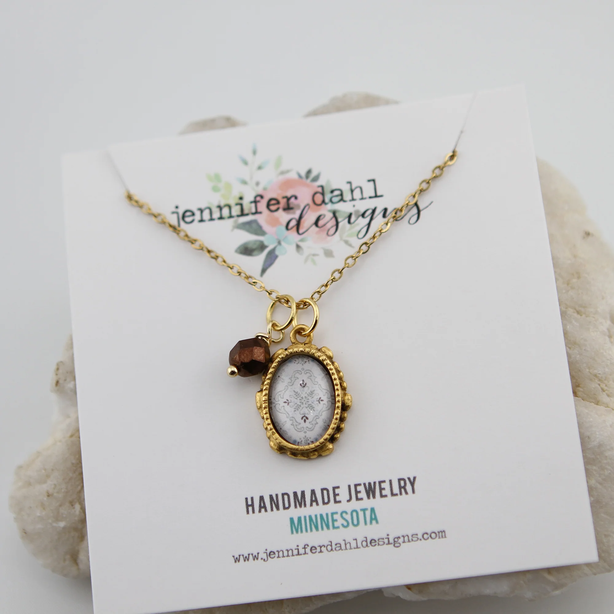Vintage Wallpaper Brown and Blue Ornate Oval Gold Necklace - Image 2