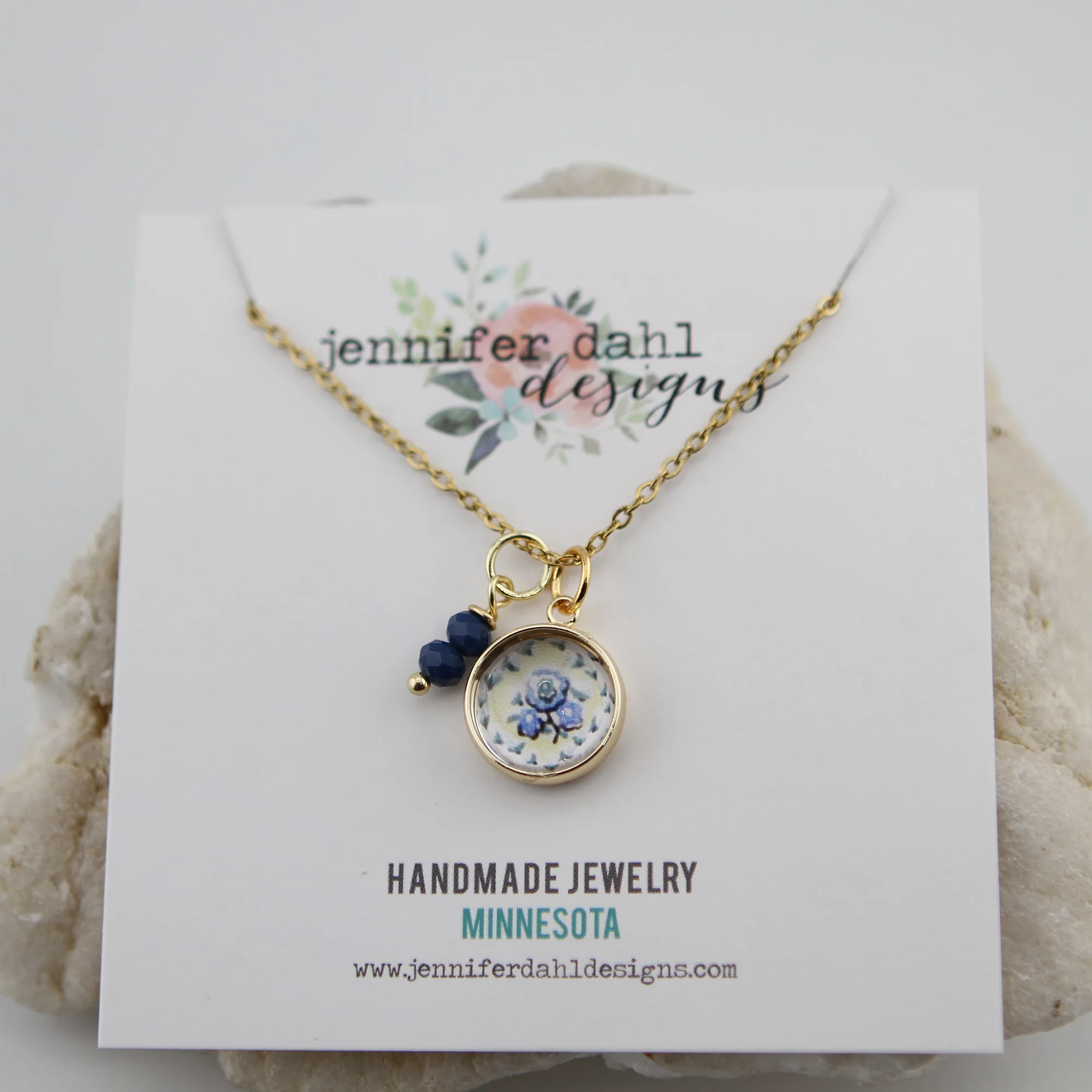 Vintage Wallpaper Blue and Yellow Floral Necklace - Image 2