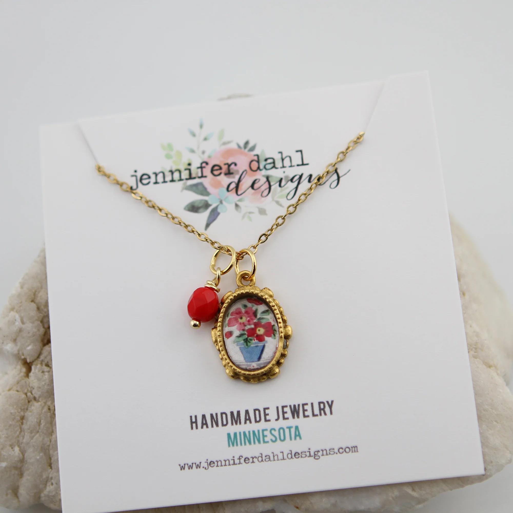 Vintage Wallpaper Red and Blue Floral Oval Gold Necklace - Image 2