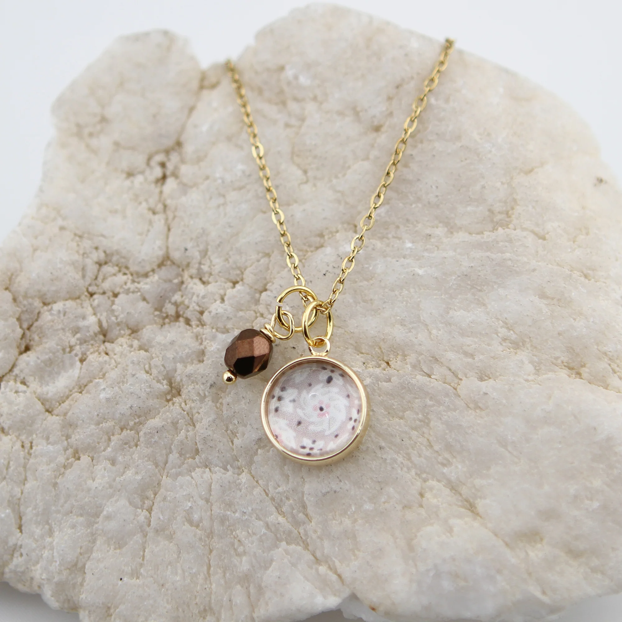 Vintage Wallpaper Cream and Brown Floral Necklace