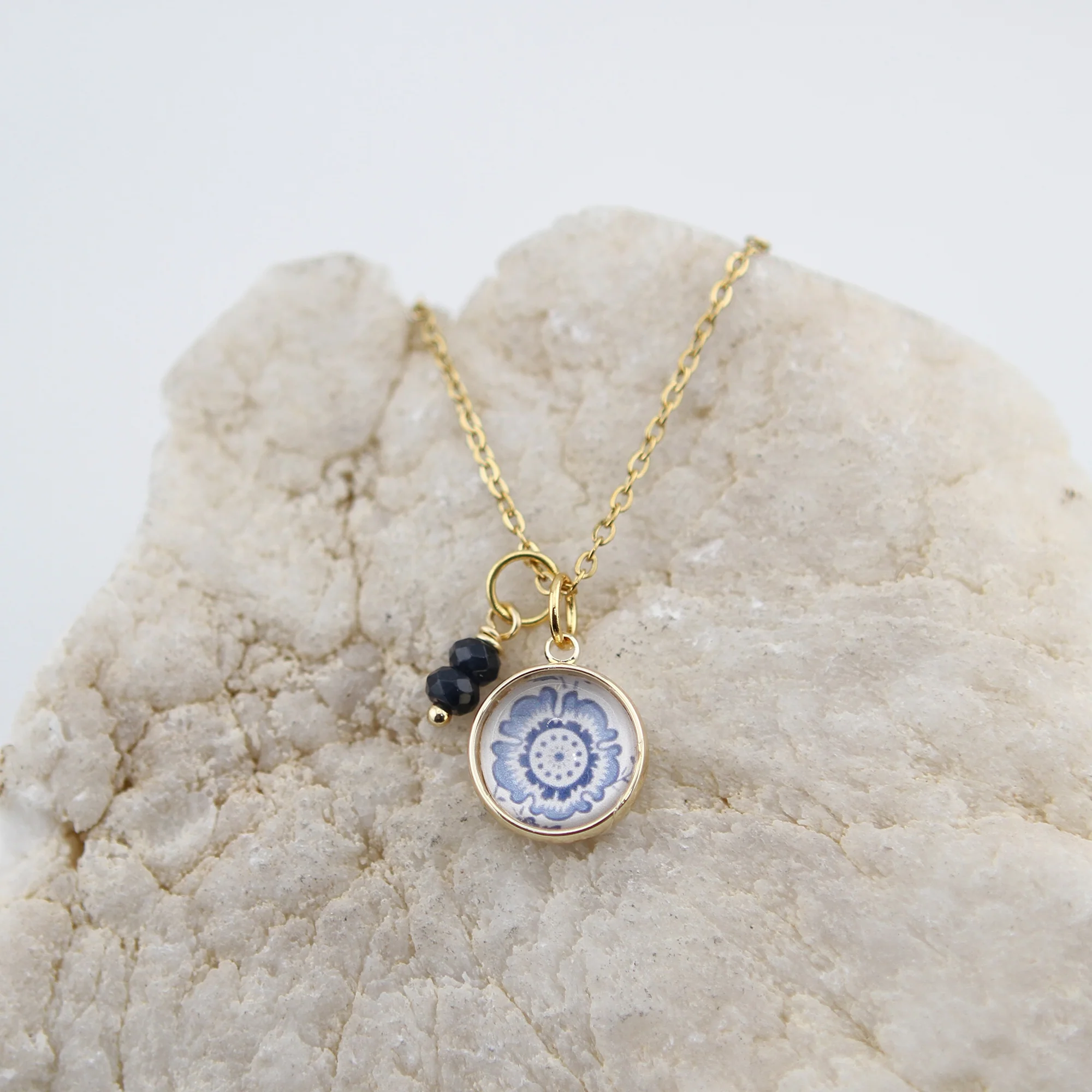 Vintage Wallpaper Navy and Blue Medallion Necklace