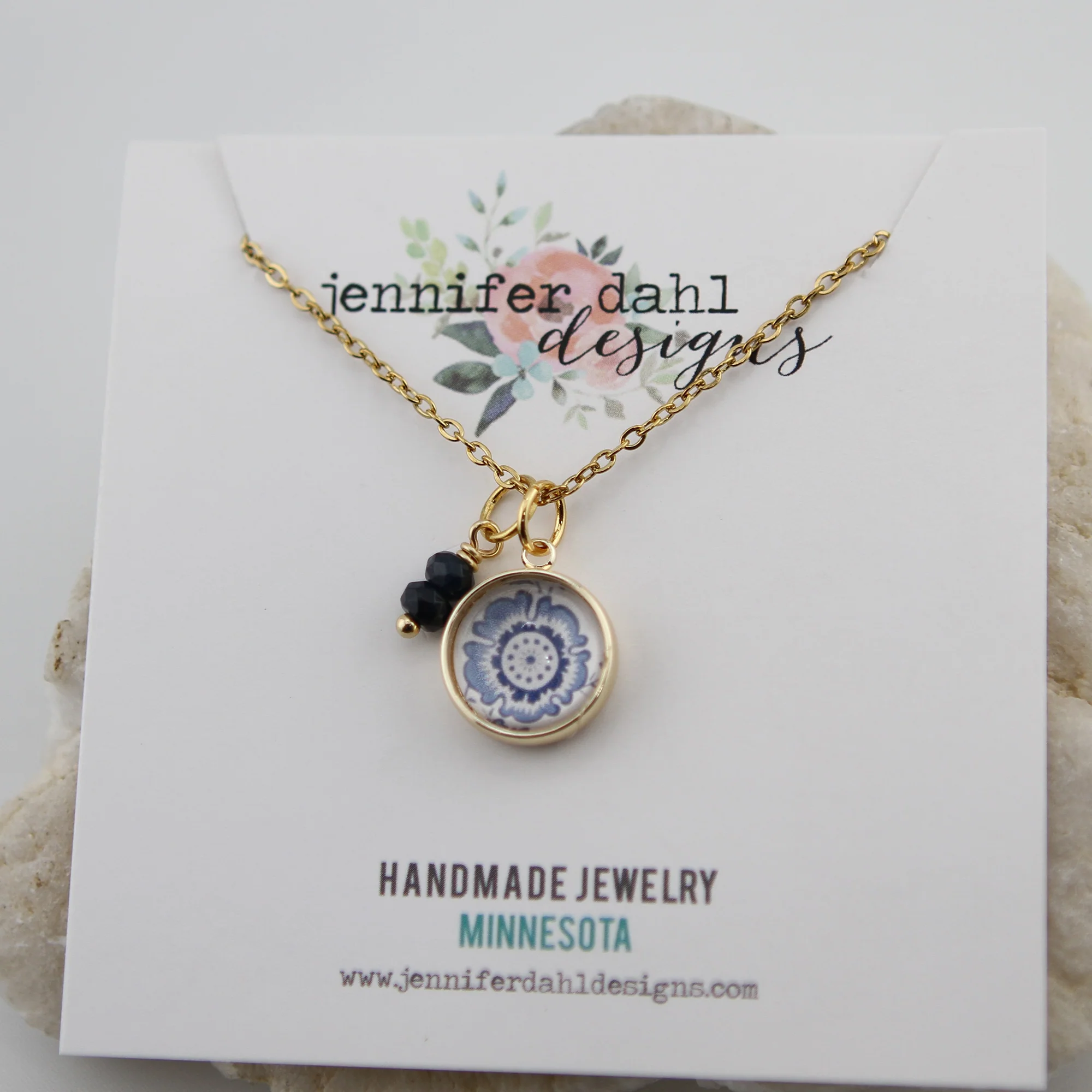 Vintage Wallpaper Navy and Blue Medallion Necklace - Image 2