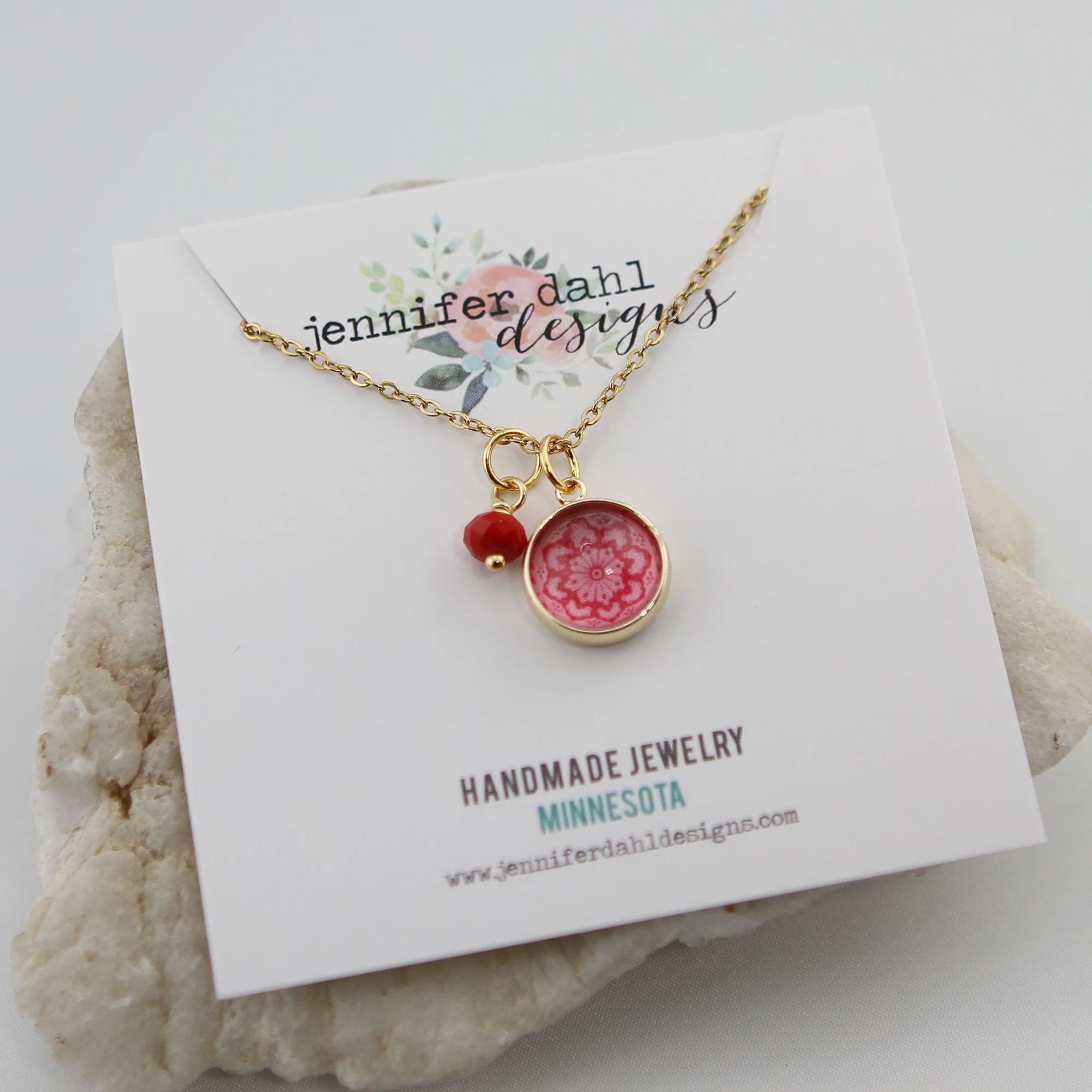 Vintage Wallpaper Pink and Red Medallion Necklace - Image 2