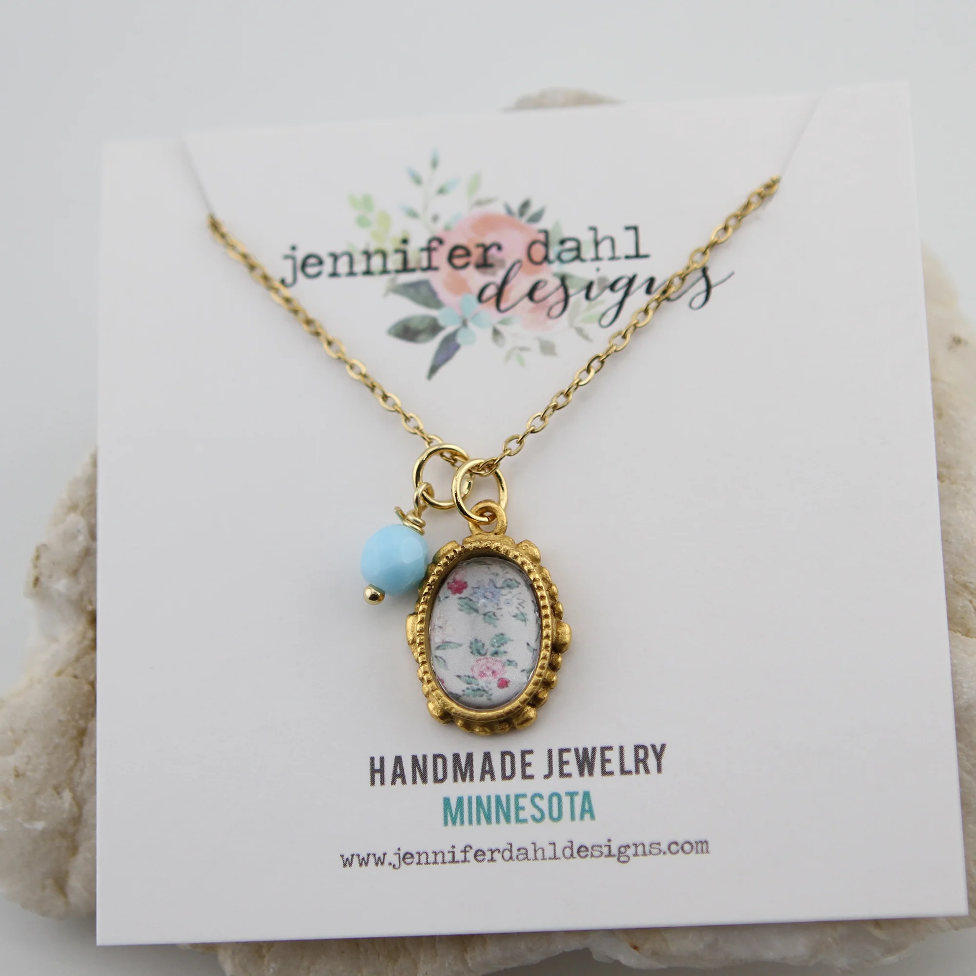 Vintage Wallpaper Aqua Red Floral Ornate Oval Gold Necklace - Image 2