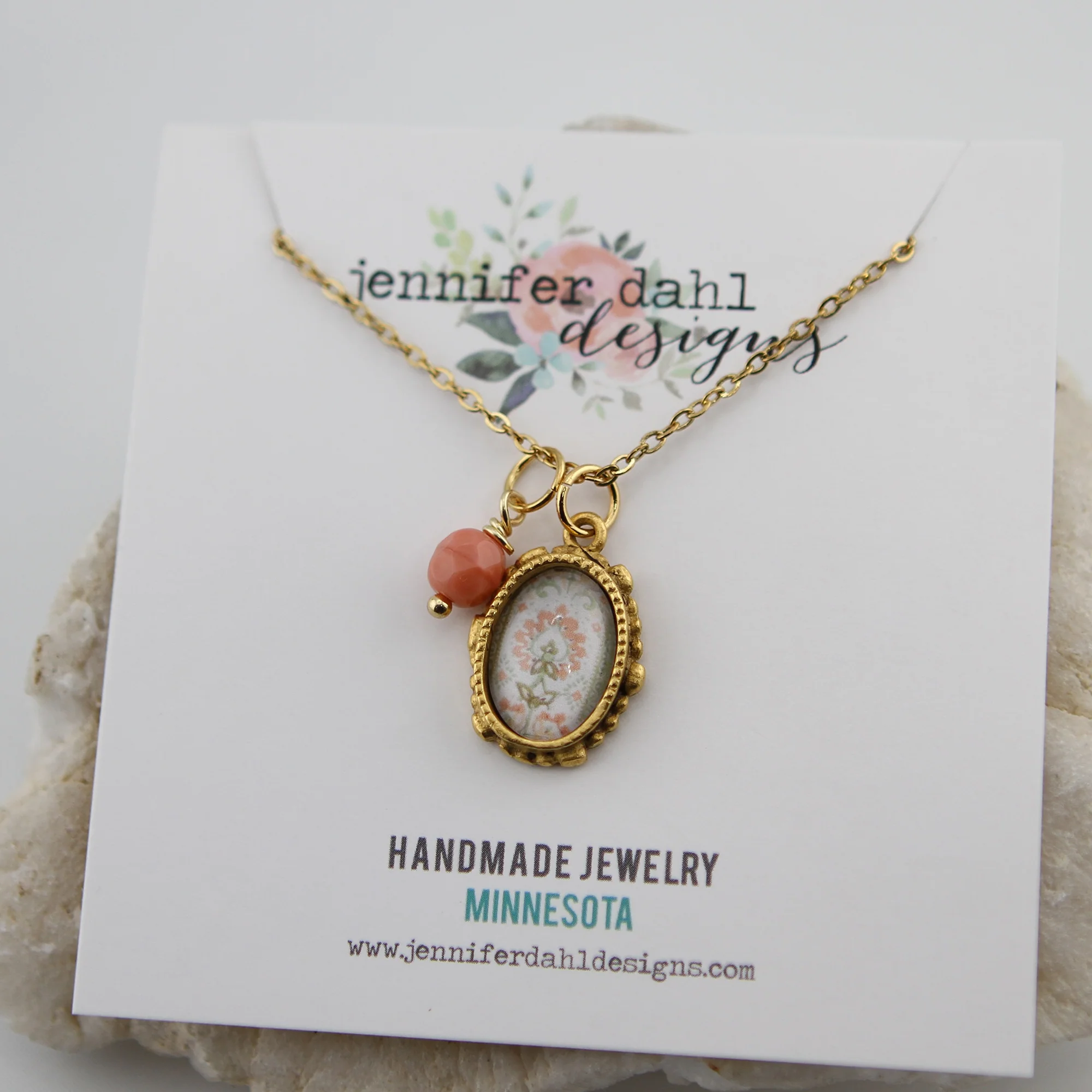 Vintage Wallpaper Pink Floral Ornate Oval Gold Necklace - Image 2