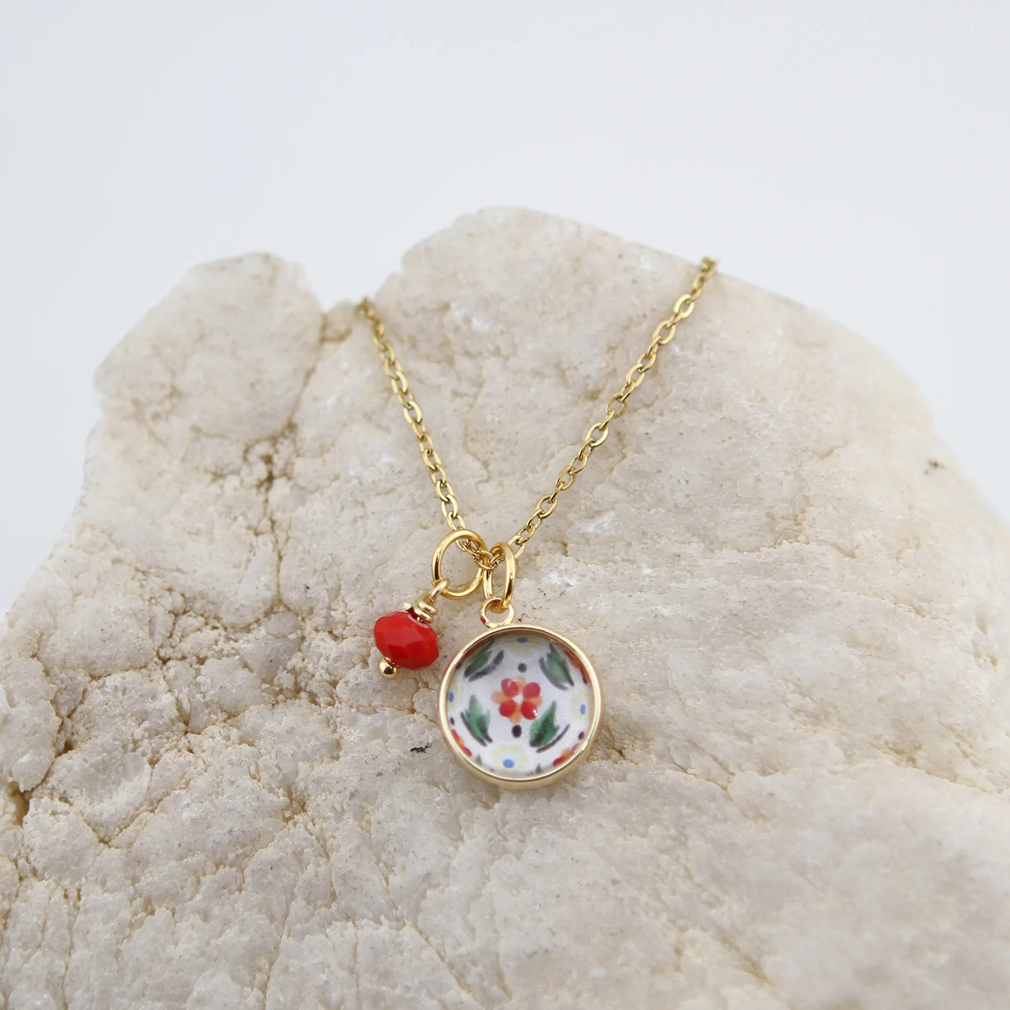 Vintage Wallpaper Red and Blue Floral Necklace