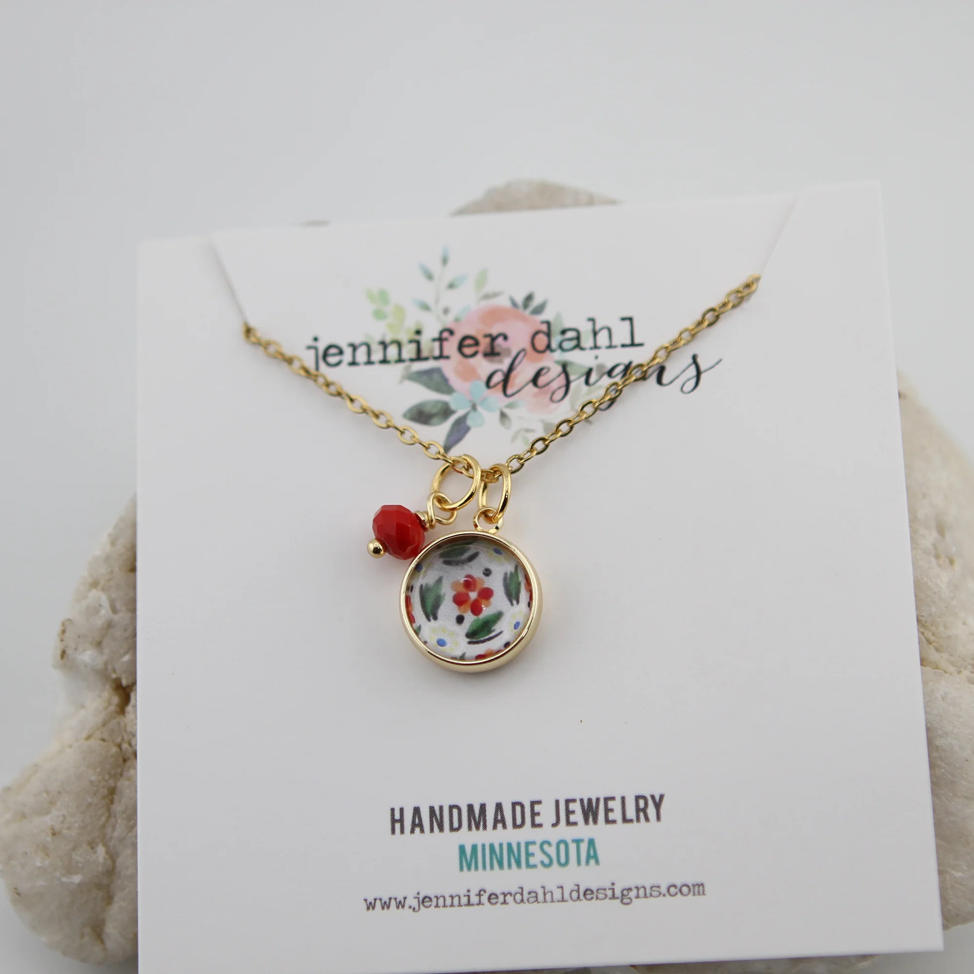 Vintage Wallpaper Red and Blue Floral Necklace - Image 2