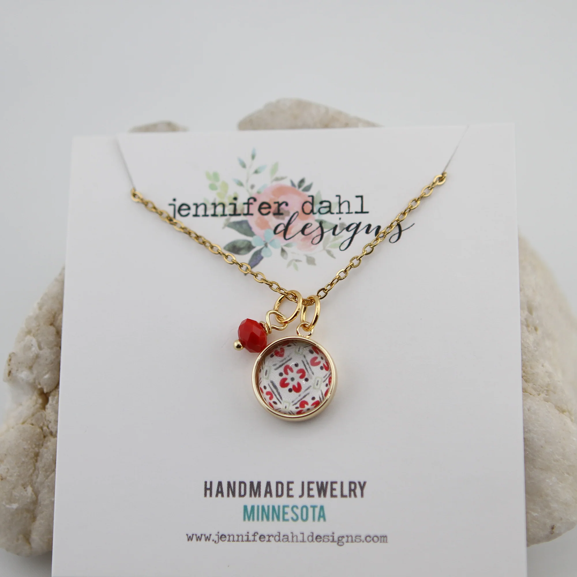 Vintage Wallpaper Red Floral Necklace - Image 2